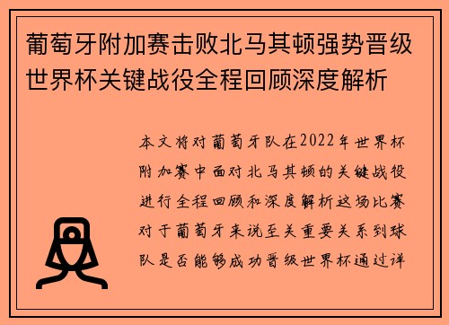 葡萄牙附加赛击败北马其顿强势晋级世界杯关键战役全程回顾深度解析 葡萄牙附加赛击败北马其顿强势晋级世界杯关键战役全程回顾深度解析